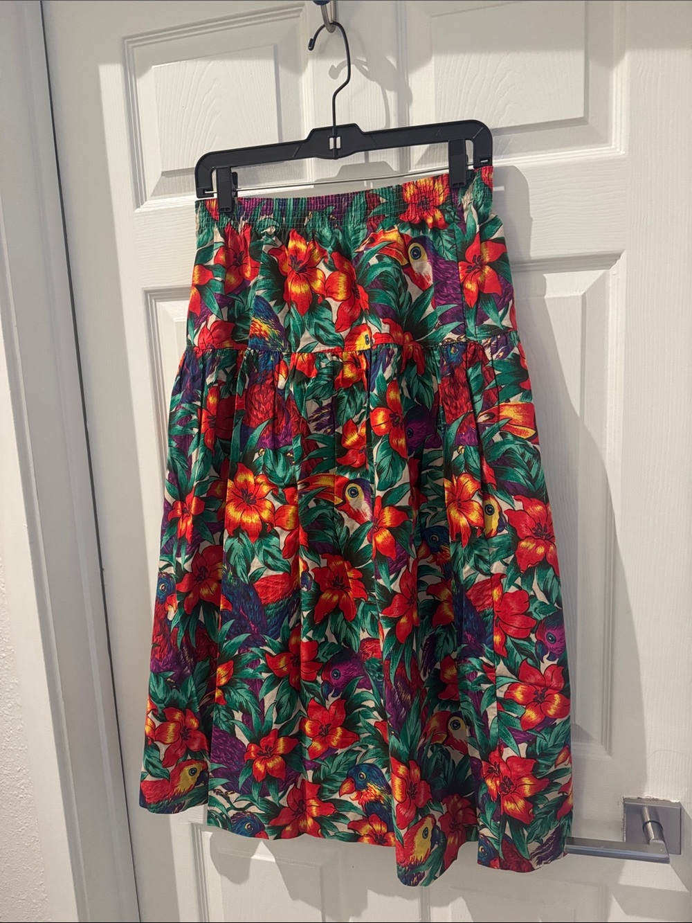 Vintage Country Suburbans Vibrant Tropical Birds Floral Midi Skirt Size 12